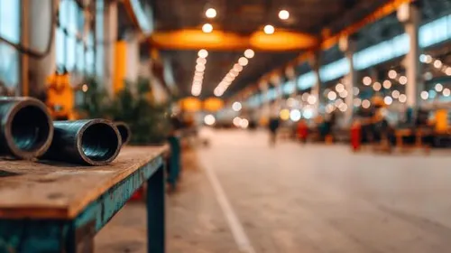 industrial-factory-hall-with-metal-pipes-on-a-workbench-background-manufacturing-and-production-area-blurred-bokeh-lights-photo